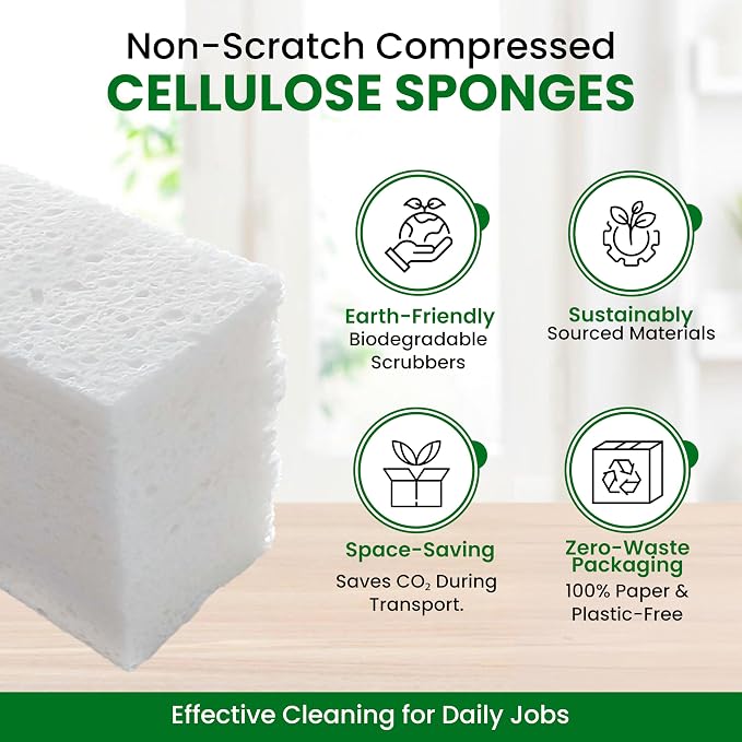Cellulose Sponges – 24-Pack White Compressed Natural for Kitchen – Plant-Based, Biodegradable, Non-Scratch, Quick-Dry, Super-Absorbent for Dishes & Surfaces (24, White)