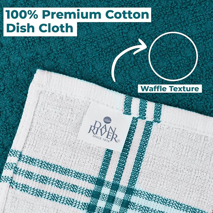 DAN RIVER Premium Dish Cloth 100% Cotton 12 X 12 Inches |Pack of 8|-Teal | Terry Kitchen Towels Ultra Soft Tea Towels-Highly Absorbent Kitchen Rags-Terry Dishcloth for Kitchen and Household Cleaning