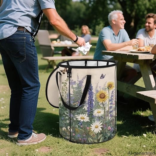 Butterfly 24 Gallon Pop up Trash Can for Camping Collapsible Portable Trash Can with Lid and Handle Waterproof Outdoor Garbage Bin Reusable Storage Bags for Yard Garden Waste