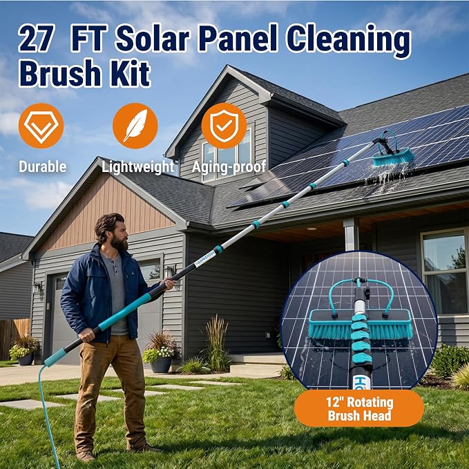 Solar Panel Cleaning Kit, 27FT Water Fed Pole with Extendable Handle, 180° Rotatable Brush Head & 65.6FT Hose, Household & Outdoor Window Cleaner Tool for Caravan Solar Panel Deck