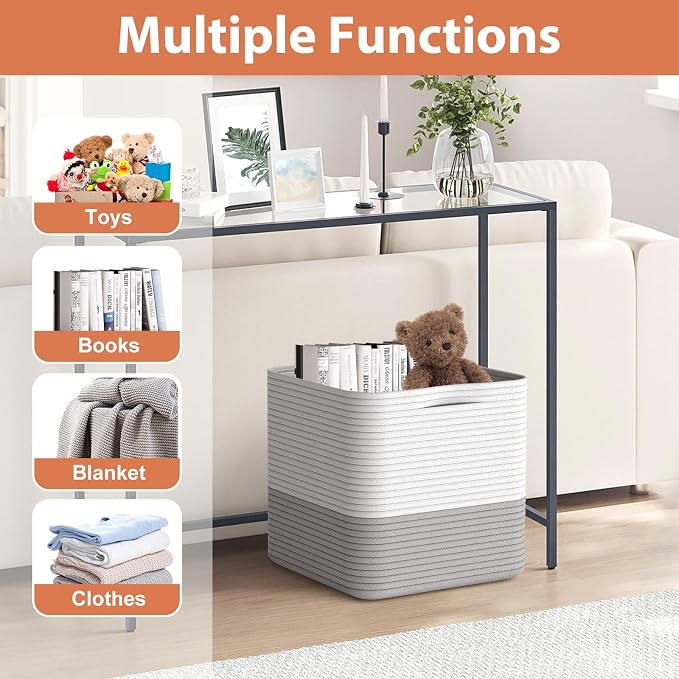 Storage Cotton Cubes 11 Inch, Woven Cotton Rope Storage Baskets for Toys Blanket Organizing, Storage Bins Decorative Organizer with Handles for Living Room Laundry Room Closet (3 Pack, Grey)
