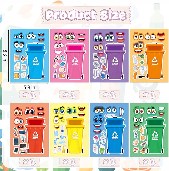 24 Sheets Recycling Bin Make a Face Sticker, Make Your Own Trash Bin Stickers Mix and Match Sticker for Home School Classroom Crafts Activities Reward Birthday Party Favors