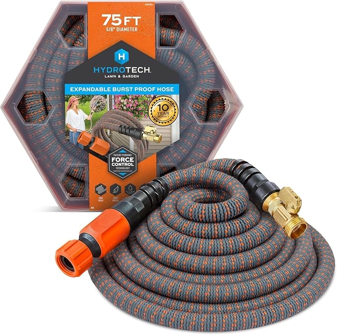 HydroTech 75 ft Expandable Burst-Proof Garden Hose, 5/8 in Diameter | Patented Force Control Technology delivers lightweight, kink-free flexibility, compact storage and dependable durability.