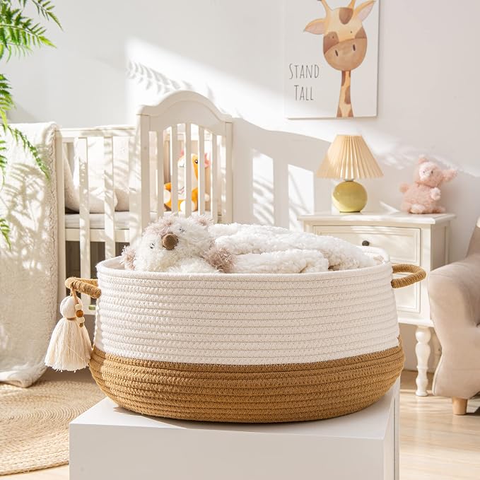 KAKAMAY Woven Baskets for Storage(16"x8"),Blanket Basket for Organizing Living Room,Cotton Rope Basket Woven Baby Laundry Hamper,Collapsible Laundry Room Organization,Clothes,Toy Chest(Brown)