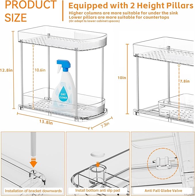 2 Pack Large Pull Out Bathroom Organizers and Storage,2 Tier 12.8″ Tall Sliding Kitchen Under Sink Organizer for Cleaning Products Storage,Acrylic Clear Bathroom inder Sink Organizer,Undersink Storage