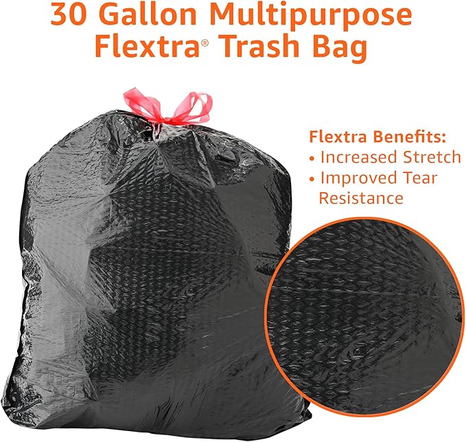 Amazon Basics 30 Gallon Flextra Strength Multipurpose Drawstring Trash Bags,20% Post Consumer Recycled Material,Tear Resistant,Black,(Pack of 300)