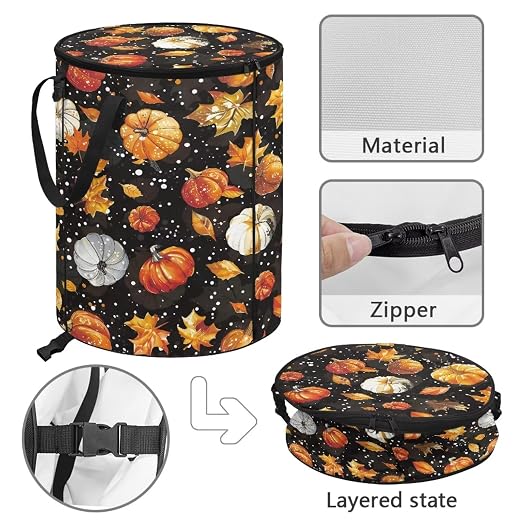 doginthehole Fall Maple Leaves Pumpkin Collapsible Trash Can Portable Tall Trash Can Recycling Bin 22.83x17.71 Outside Garbage Bin Storage Bag with Clip and Zipper Lid, Fall Decorations for Outdoor