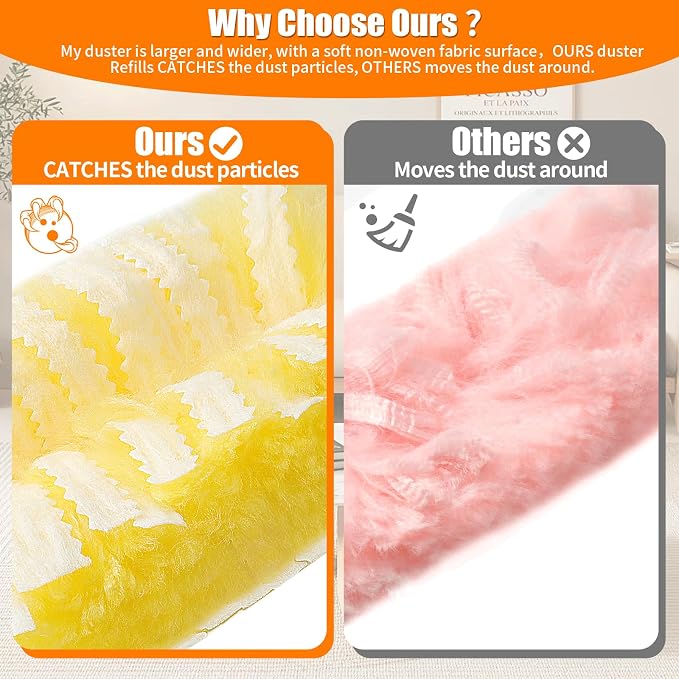 40 Count 360° Heavy Duty 2 Sided Duster Refills Compatible with Swiffer, Large Size-Extra Thick Disposable Electrostatic Feather Duster Refill with 1 Short Handle for Furniture, Blinds, Ceiling