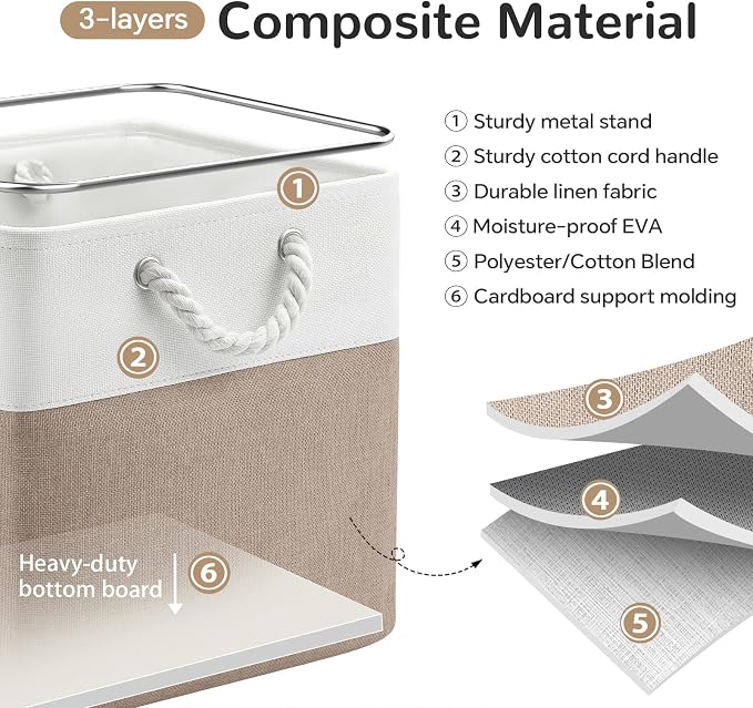 13x13 Inch Foldable Fabric Cube Storage Bins with Handles 6 Pack | Sturdy Metal Strand, Cardboard Support Molding, Storage Basket, Cube Storage Bin for Shelves, Closet, Bedroom, White/Khaki
