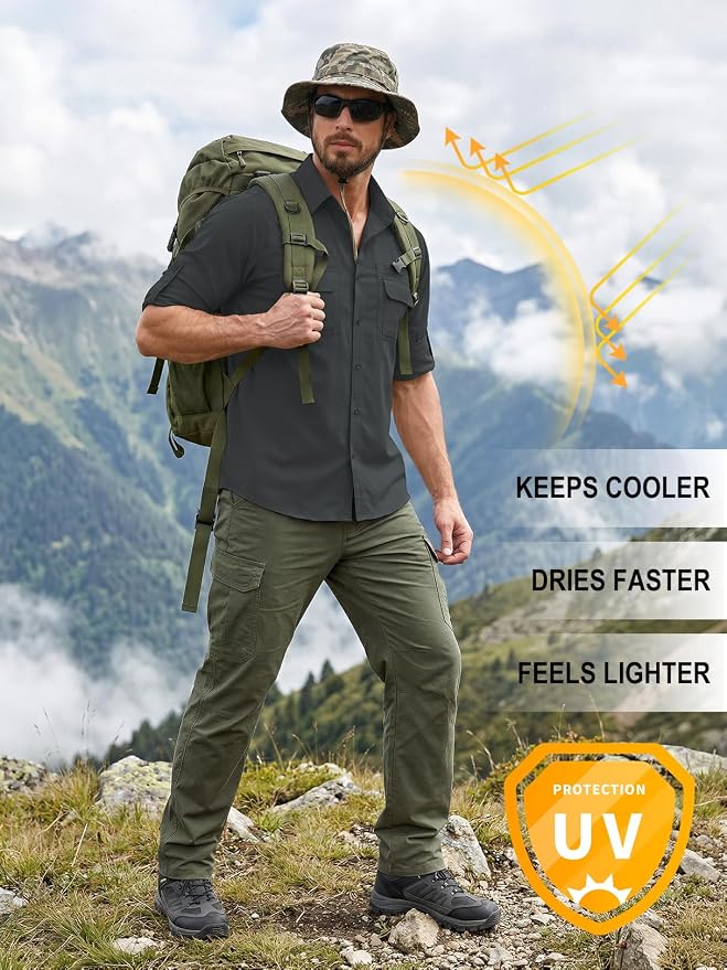 linlon Men's Safari Shirt UV Sun Protection Long Sleeve Hiking Travel | Button Down Mesh Back Vents UPF 50+ Quick Dry Breathable Cool Lightweight Outdoor Travel Fishing Gardening Clothes