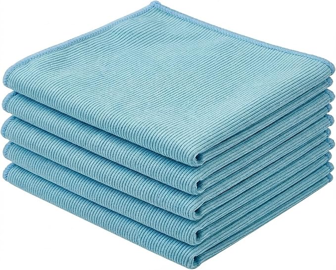Microfiber Glass Towel 5 Pack, 16x16 inches 300 GSM Herringbone Weave – Lint-Free, Streak-Free Cloth for Glass, Mirrors, Screens & Chrome – Professional Detailing Towel, Blue