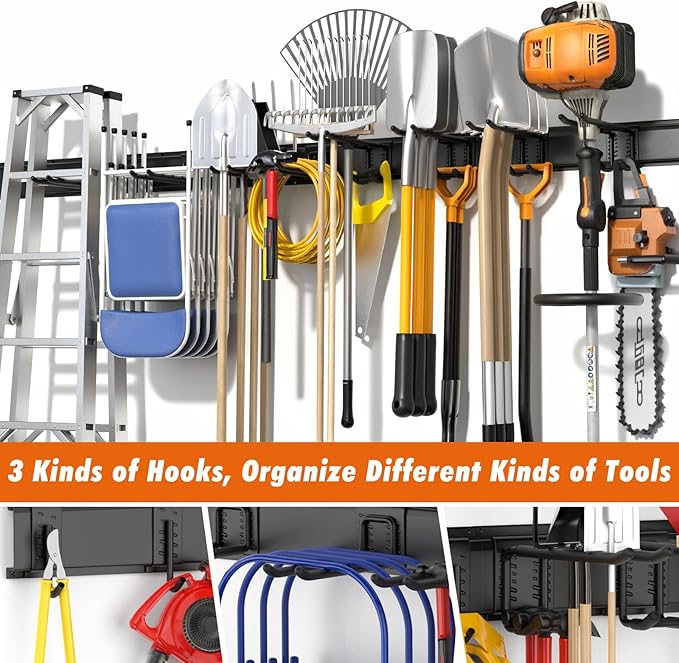 Housolution Garage Wall Organizer 64 Inch - 18Pack Carries 570 lbs | Garage Tool Organizer Storage System, 4 Rails with 12 Adjustable Hooks, Garden Tool Organizer for Warehouse, Workshop