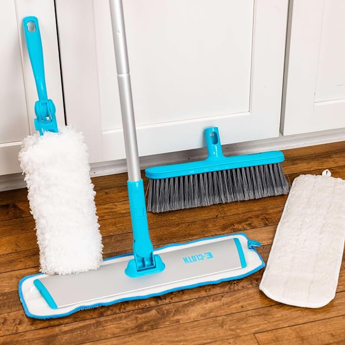 E-Cloth Easy-Click Mop w/ 4 Interchangeable Attachments, 1 Handle + 4 Tools | Broom Head, Dusting Head, Wet Mop, & Dry Dusting Pad Attachment, Home Cleaning Supplies, for Floor Cleaning, Wall, & Ceiling