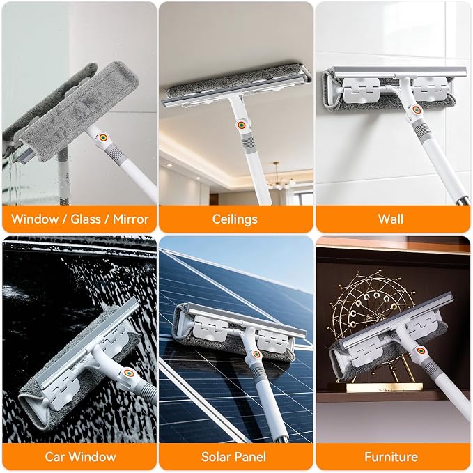 MUEE Window Squeegee with 81.5" Extension Pole, High Reach Window Cleaner | 81.5" Long Handle Window Squeegee with 180° Swivel Head, Clamp Cloth Design, Washable Pads & Scrubber