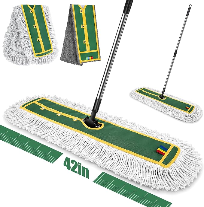 42" Commercial Dust Mop for Floor Cleaning, Heavy Duty Industrial Mop | Large Flat Mop with Long Handle, Push Mop with 2 Different Mops Pads, for Hardwood, Tile, Gym, Office, Mall, Warehouse