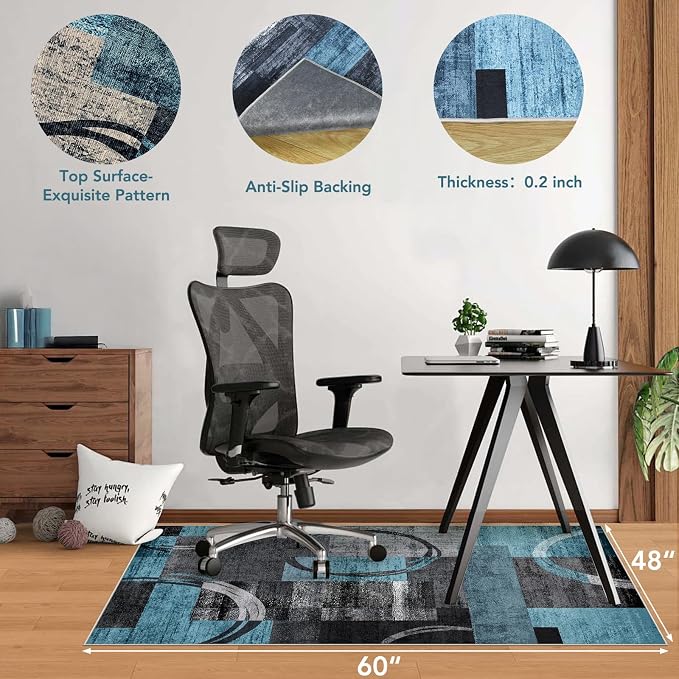 Office Chair Mat for Hardwood Floor&Tile Floor,48"X 60"-Geo Blue Gray | Heavy Duty Desk Chair Mat for Hard Floors,Under Desk Rug for Rolling Computer Chair,Anti Slip,Low Pile Carpet Floor