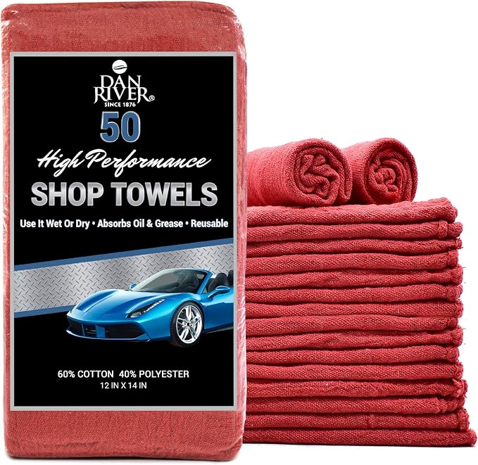 DAN RIVER Shop Towels 12x14 inc 50 Pack Red Terry Cloth Rags | Washcloths for Cleaning Cars & Household Surfaces Well Absorbent, Reusable Cleaning Rags Washable 60% Cotton 40% Polyester