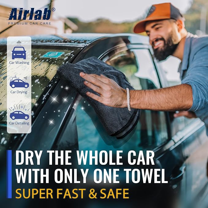 Airlab Microfiber Towels Cars Wash Drying Cleaning Cloth, Grey-Black | Thick Plush Auto Detailing Super Absorbent for Interior & Exterior Lint Free, Streak Free, 35 x 24 Inch, Pack of 1
