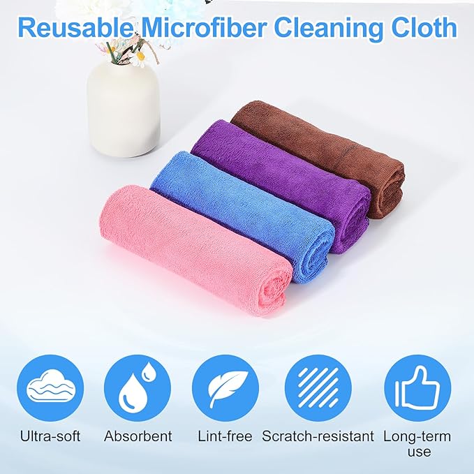 HARFINGTON 4 Pack Microfiber Cleaning Cloth, 12" x 12" Multi-Functional Cleaning Towels Reusable Absorbent Rags with Hook for Car Wash Kitchen Household Window Clean, Purple