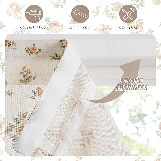 StangH Oak Yellow Cordless Linen Floral Roman Shades, W32 x L64, 1 Panel | Magnetic Style with Easy Handle, Light Diffusing Window Blind, Vintage Rose Printed Blind, for Nursery