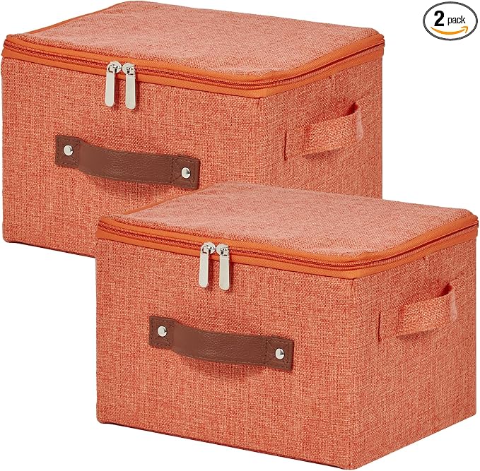 2PCS Storage Bins with Zipper Lids Decorative Lidded Basket Box | Clothes Container, Closet Shelf Organizer, Foldable Washable, Cotton Linen Fabric, w/ PU Leather Handles, Orange, Small