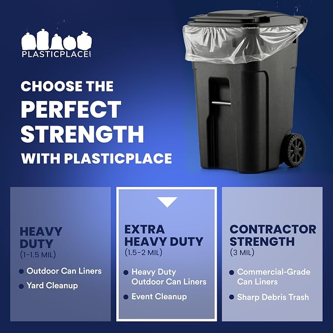 Plasticplace 95-96 gallon Garbage Can Liners │ 2 Mil │ Clear Heavy Duty Trash Bags │ 61” X 68” (25Count)