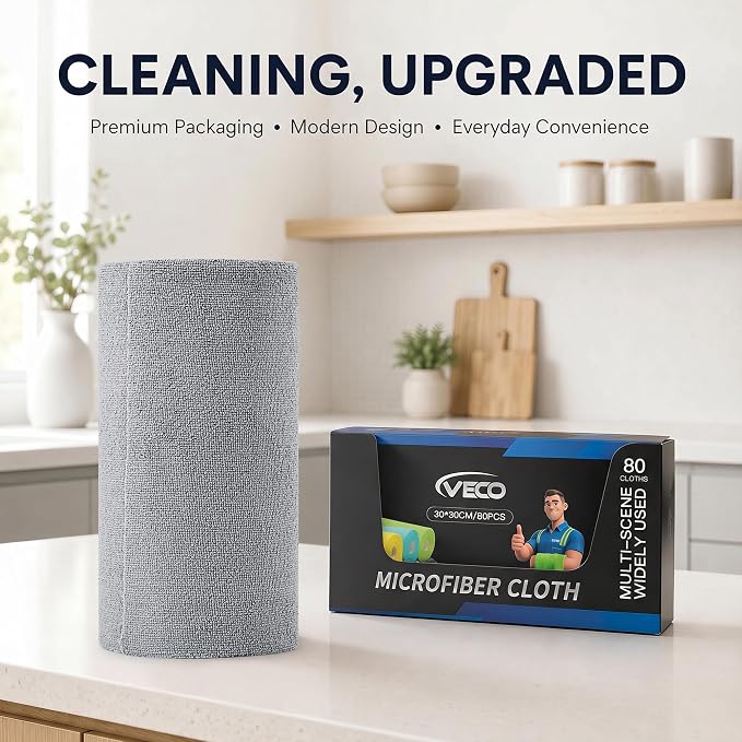 Veco Microfiber Cleaning Cloth Roll 80 PCS Gray, 12" x 12" | Lint-Free, Streak-Free, Tear Away Reusable Microfiber Towels, Cleaning Rags for Kitchen, Car & Home