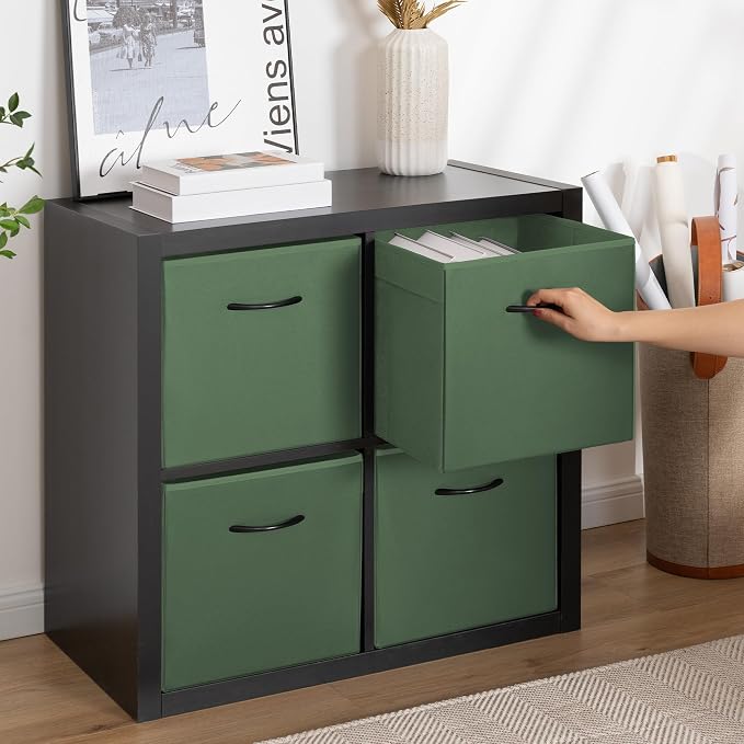StorageWorks 13x13 Storage Cubes, Cube Organizer Bins, Green, 4-Pack | Reinforced Handle & Front Panel, Faux Leather Front, Non-woven Fabric, Collapsible, Space-Saving, For Closet, Bedroom, Office