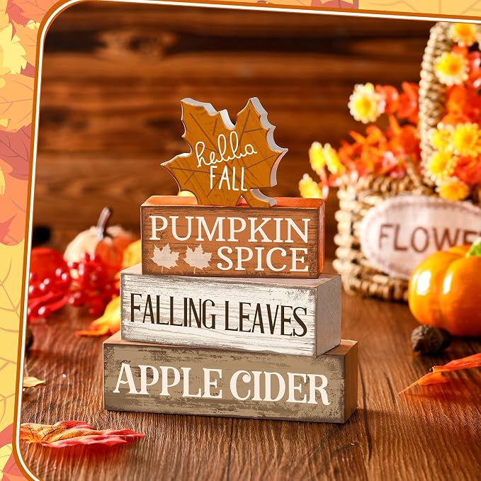 Moucuny 4 Pcs Fall Decor Wooden Maple Leaf Decoration Thanksgiving Decor | Rustic Stackable Blocks with Apple Cider Leaves Sayings,Thanksgiving Table Centerpiece, Farmhouse for Autumn Harvest Party