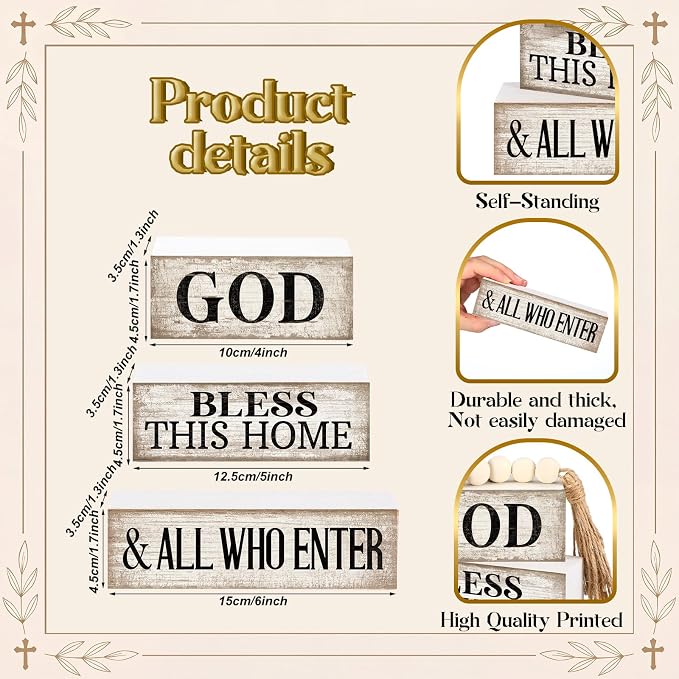 Moucuny 4 Pcs Christian Table Decor Rustic God Bless This Home Stacked Sign | Christian Living Room Mantle Decor, Stackable Signs with Bead Tassel, God Bless Theme, Rustic Centerpiece Gift for Home