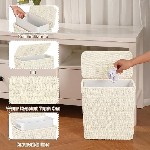 iEGrow Paper Rope Trash Can,Bathroom Trash Can with Lid, 3 Gallon Wicker Waste Basket with Removable Liner, for Bedroom, Living Room, Toilet, Under Sink Creamy White