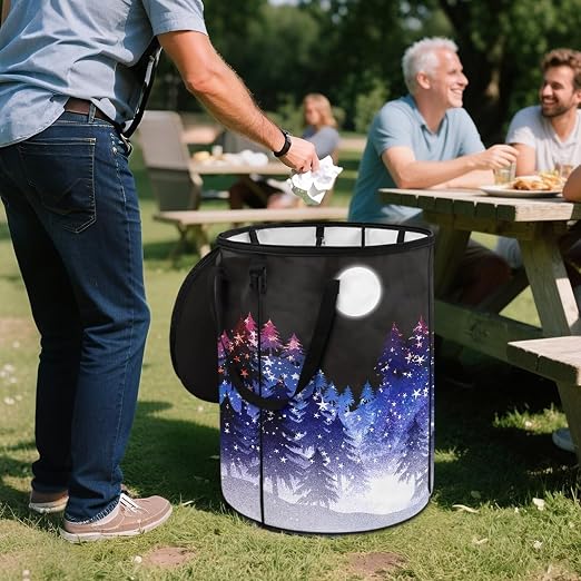 Outdoor Trash Cans for Camping Pine Tree and Moon Collapsable Garbage Can 20+ Gallon Water Resistant Storage Bin for Clothes Bedroom Trash Can Decorative