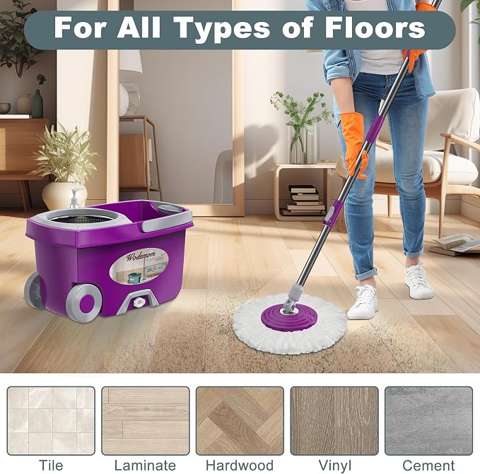 Traditional Large Spin Mop and Bucket, 2 Gal Capacity, Purple | 2 Rolling Wheels, Pull Handle, 61-Inch Handle, 6 Mop Heads, Easy Wringing, For Family Homes, Hardwood, Laminate & Tile Floors