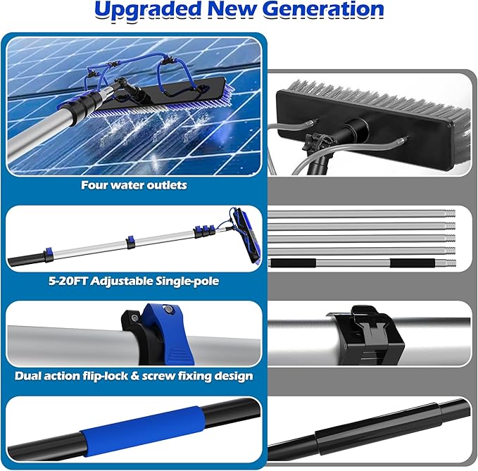 25 FT Reach Solar Panel Cleaning Brush Kit with Telescopic Pole | Water‑Fed Brush With 5‑20FT Dual Flip‑Screw Lock Pole, Soap Dispenser & Soft Bristles for Snow Removal, Boats, Windows, Rvs