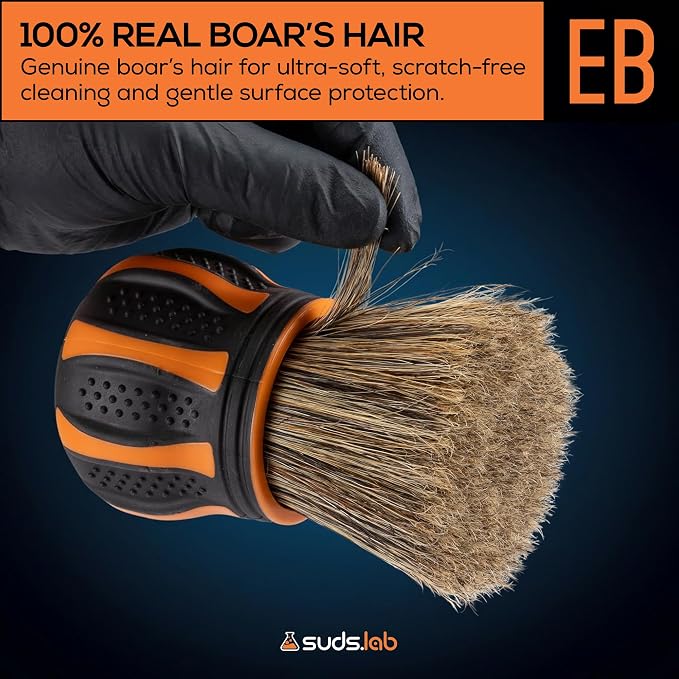 Suds Lab Elite-Bristle Boar's Hair Detailing Brush, Deep Cleaning, Stand | Metal-free, high absorbency tool for scratch-free interior & exterior car detailing