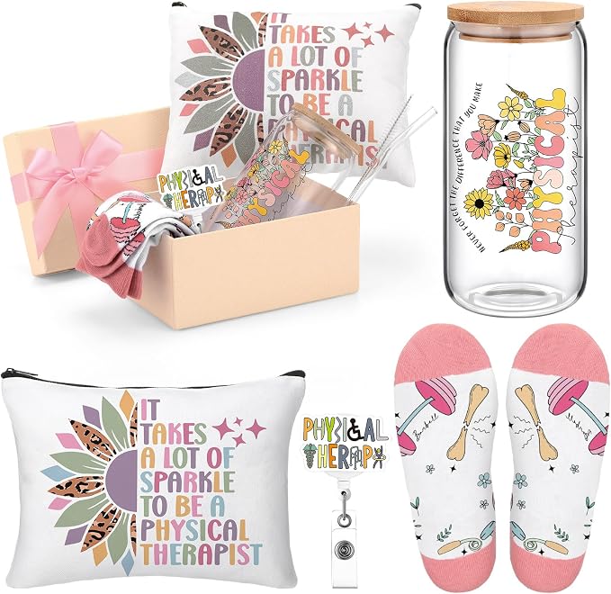 Skylety 5 Pcs Physical Therapy Gifts for Women | 16 oz Glass Cup Socks Cosmetic Bag Badge Holder, PT Appreciation Gift Box, Coworker Physical Therapist Gift for Birthday