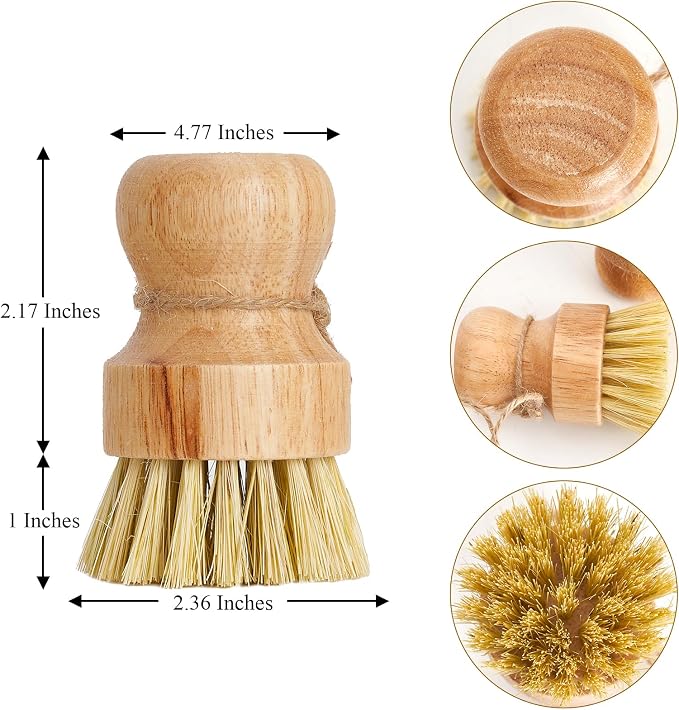 Diahom Bamboo Dish Brush Scrubber 3 Pack for Kitchen Cleaning Pot Pans