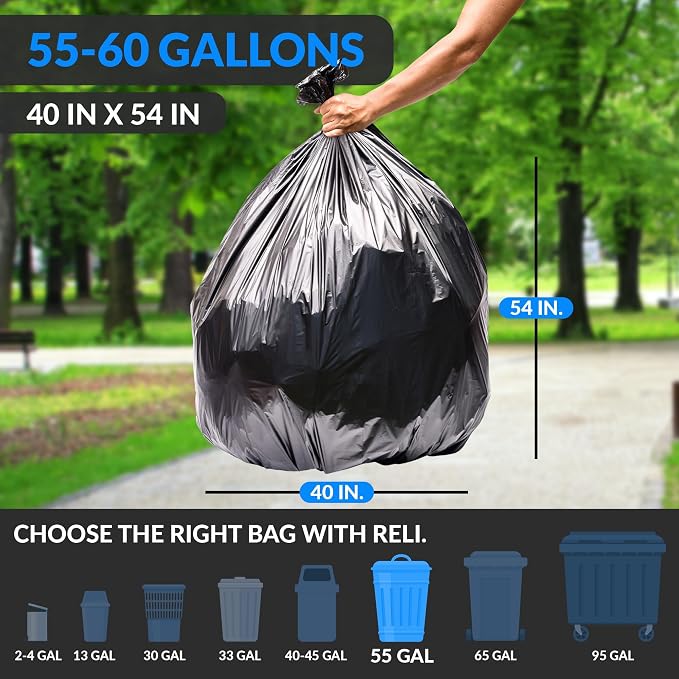 Reli. 55-60 Gallon Trash Bags Heavy Duty | 150 Trash Bags, Twist Ties | Black, Serious Garbage Cleanup | Large Garbage Bags with Twist Ties, Made in USA | SuperValue