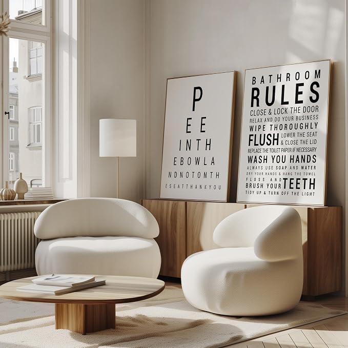 Poster Master 2-Piece Bathroom Sign Print - Eye Chart & Rules Poster - Humorous Guest Bath Decor - Minimal Typography Design - Powder Room Decor - Funny Restroom Sign - 24x32 UNFRAMED Wall Art