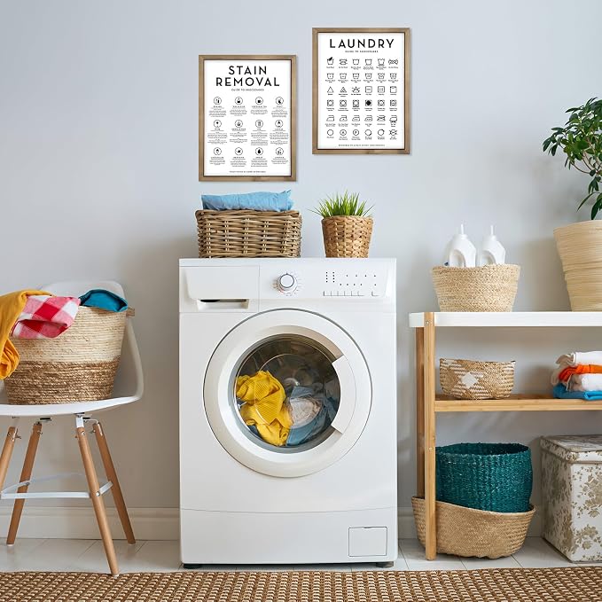 2 Piece Laundry Room Signs Pictures Wall Decor, 15.7×11.8 Inch Wooden Laundry Care Symbols Chart Wall Art, Stain Removal Wash Guide Print Rustic Farmhouse Decorations for Home Accessories