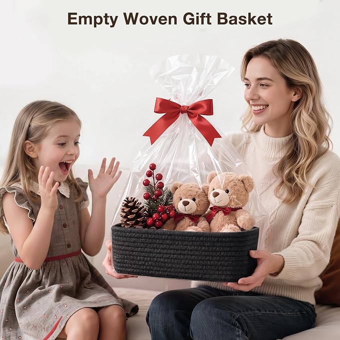 3 Pack Small Baskets for Organizing, Woven Storage Baskets for Shelves | 11.8x7.8x3.8 in Cotton Rope Baskets, Toy Baskets Storage Kids, Basket Organizer, for Living Room, Bedroom, Nursery, Black