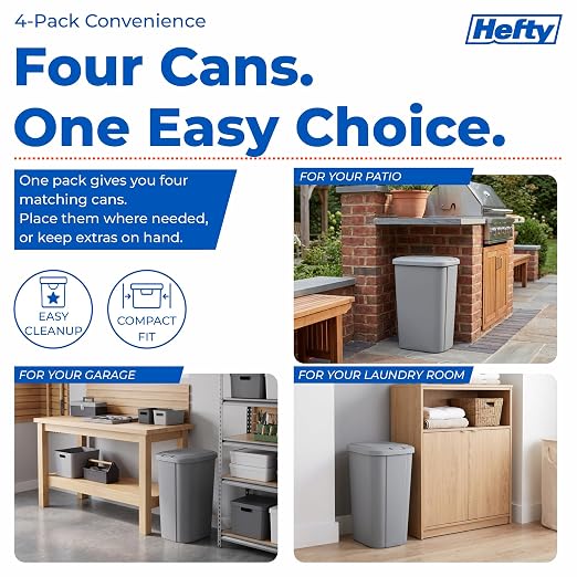 Hefty 13.3 Gallon Trash Can with Lid, Plastic Garbage Can Touch Button, Kitchen Waste Basket for Home Office, Large Capacity Trash Bin, 4 Pack, Grey