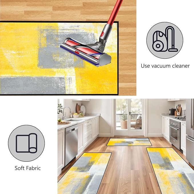 TOMWISH Yellow Grey Kitchen Rugs Sets 3PCS Washable | Kitchen Sink Area Absorbent Runner Rugs Front of Dining Room Home Office Laundry 20"X32"+20"X48"+20"X59"