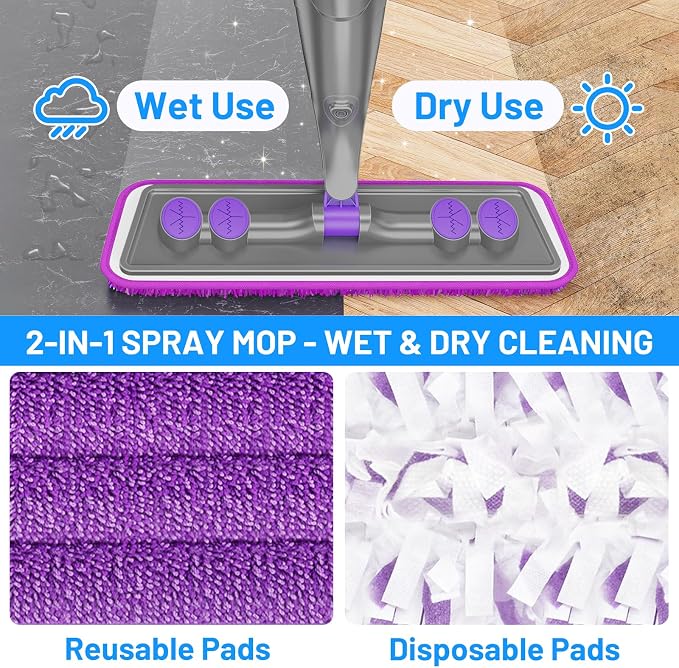 Spray Mops for Floor Cleaning - Wet Dry Mops for Hardwood Tile | 2 Washable + 2 Disposable Pads for Swiffer Powermop,500+ ML Refillable Bottle,Remove Pet Hair Multi-Stains for Home Kitchen
