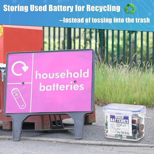 BTSKY Battery Recycling Container with Lid for Household Batteries, Blue | Battery Disposal Container 1.3 L Capacity Dry Cell Storage Recycling Bin with Label for Home Use, Office, Garage