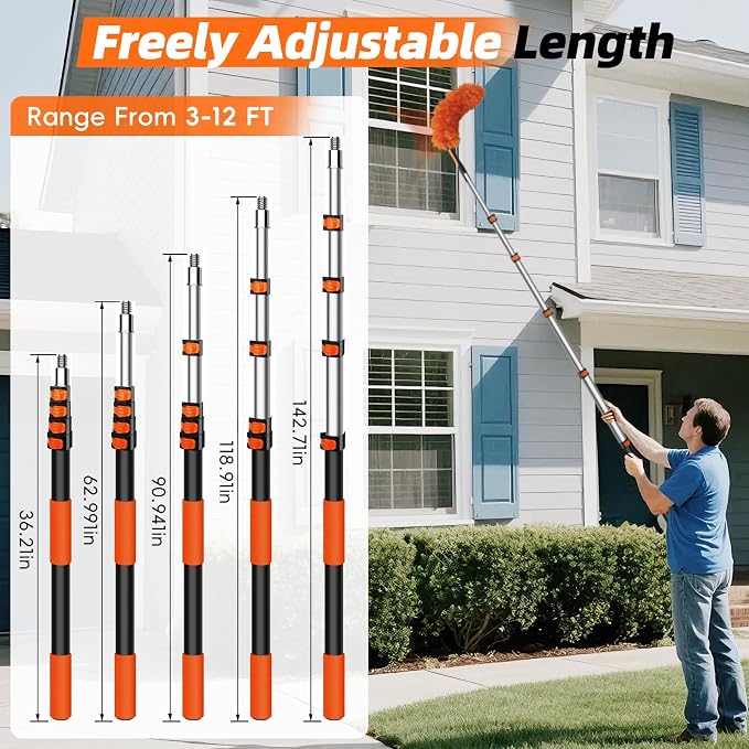 20 Foot High Dusters for Cleaning with 3-12 Foot Heavy Duty Extension Pole | High Reach Duster, Extendable Reusable Cobweb, Feather, Ceiling Fan Cleaner Duster, Window Squeegee Kit
