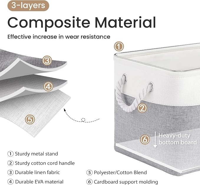 15x11x10 In Foldable Fabric Large Storage Bins with Handle 6 Pack | Organizer Baskets, Sturdy Metal Strand, Cardboard Support Molding, Storage Baskets for Shelves, Closet, Bedroom, White/Gray