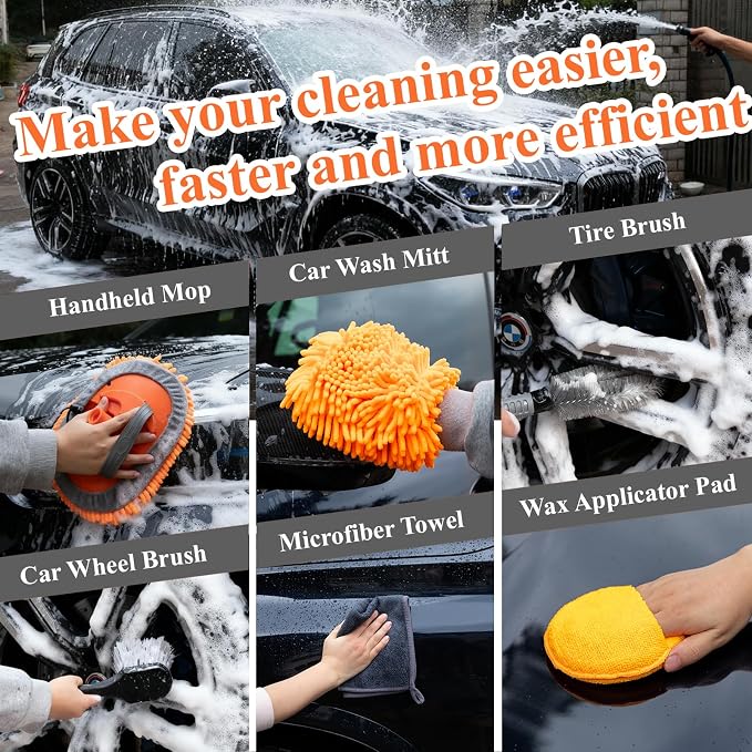 Complete Car Wash Kit with 60inch Heavy-Duty Extension Pole | Soft Car Wash Brush, Wheel & Tire Brush, Scratch-Free Car Mop Mitt & Window Squeegee for Car Exterior & Interior Cleaning