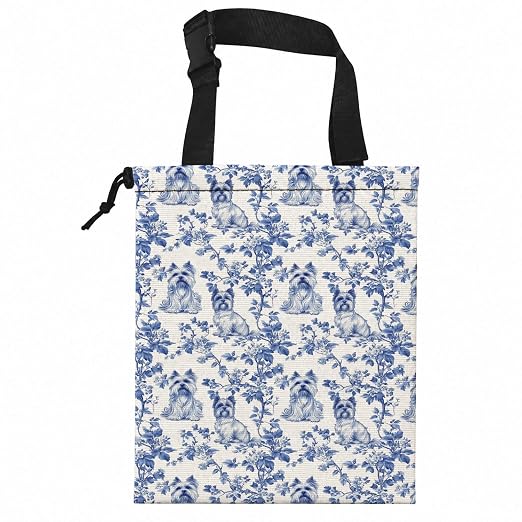 Chinoiserie Yorkshire Terrier Car Garbage Bag Canvas Trash Can | Blue and White Yorkie Dog Drawstring Car Trash Bag Hanging for Back Seat with Adjustable Buckle