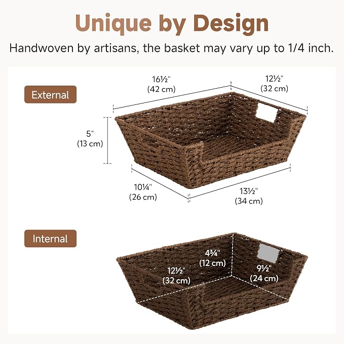 StorageWorks Woven Baskets for Organizing, Large Wicker Storage Basket | Wicker Baskets for Shelves, 2 Pack Snack Basket Organizer, Open Front Basket with Handles, Paper Rope Storage Basket, Brown